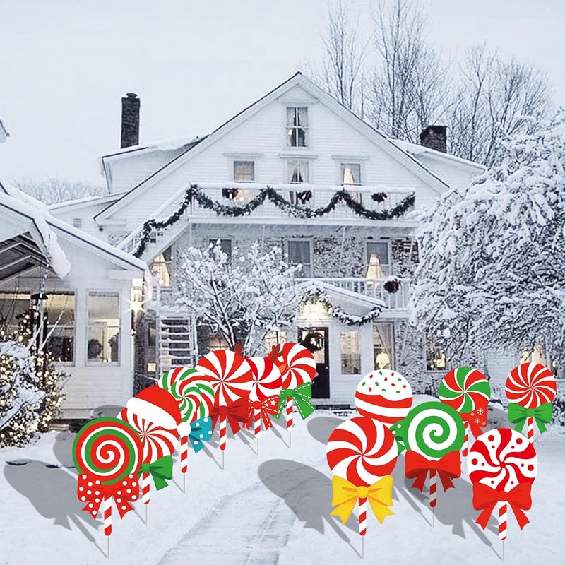 PhyLence 12-Piece Christmas Lollipop Yard Signs with Stakes Decorations – Assorted Candy Cane Peppermint Designs 14 Inches Large Outdoor Holiday Candy Signs for Garden, Lawn, Driveway, and Christmas Party Favor - Image 5